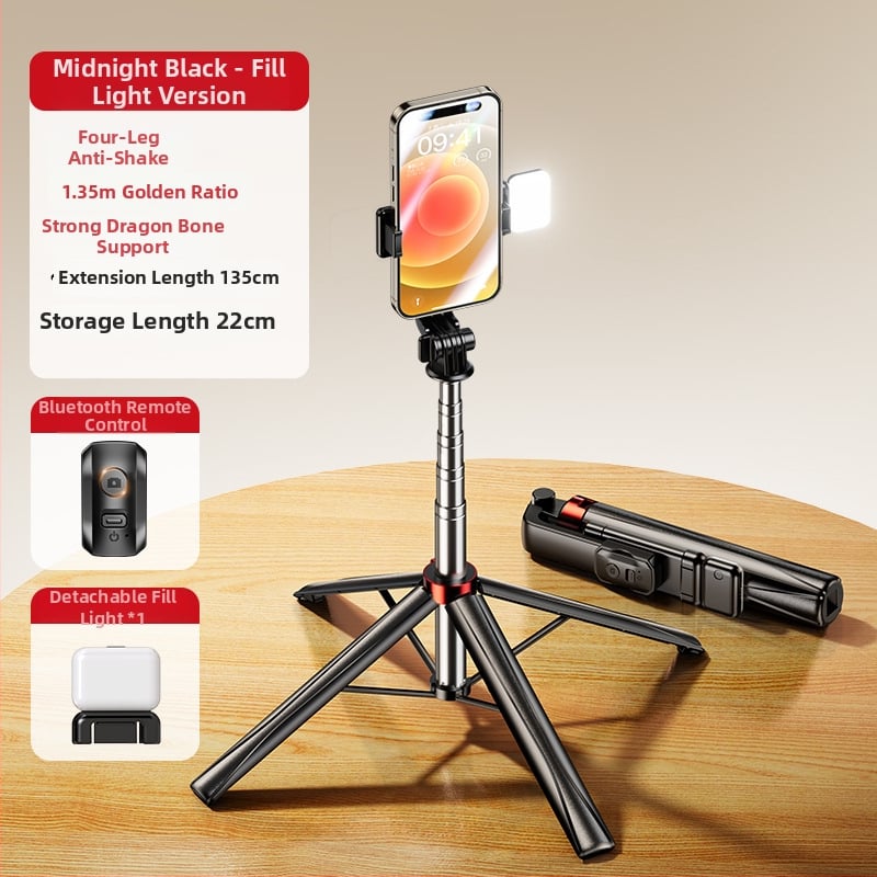Телескопична неръждаема стоманена селфи стика с дистанционно управление, вградена подсветка и Bluetooth, за селфи и лайвстрийм.