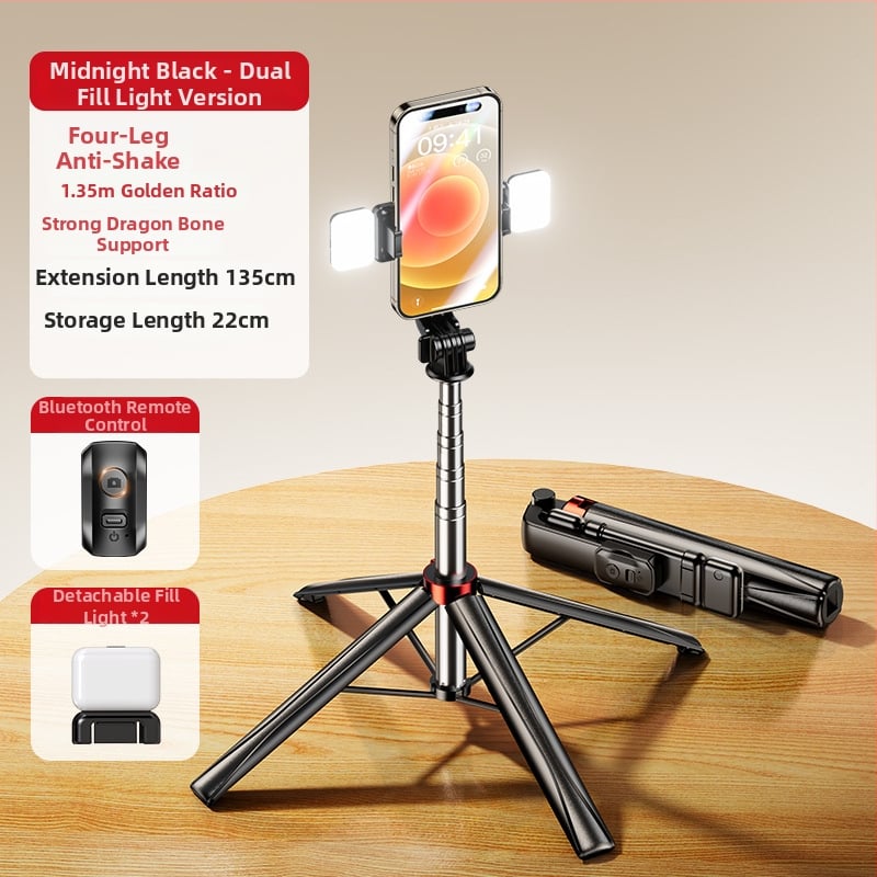 Телескопична неръждаема стоманена селфи стика с дистанционно управление, вградена подсветка и Bluetooth, за селфи и лайвстрийм.