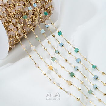 Bambusz gyöngy lánc természetes kristályokkal: strawberry quartz, jade, turquoise; rézmag; DIY