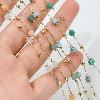 Bambusz gyöngy lánc természetes kristályokkal: strawberry quartz, jade, turquoise; rézmag; DIY