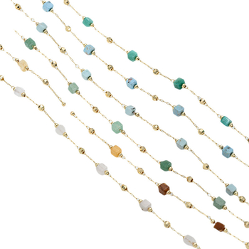 Bambusz gyöngy lánc természetes kristályokkal: strawberry quartz, jade, turquoise; rézmag; DIY