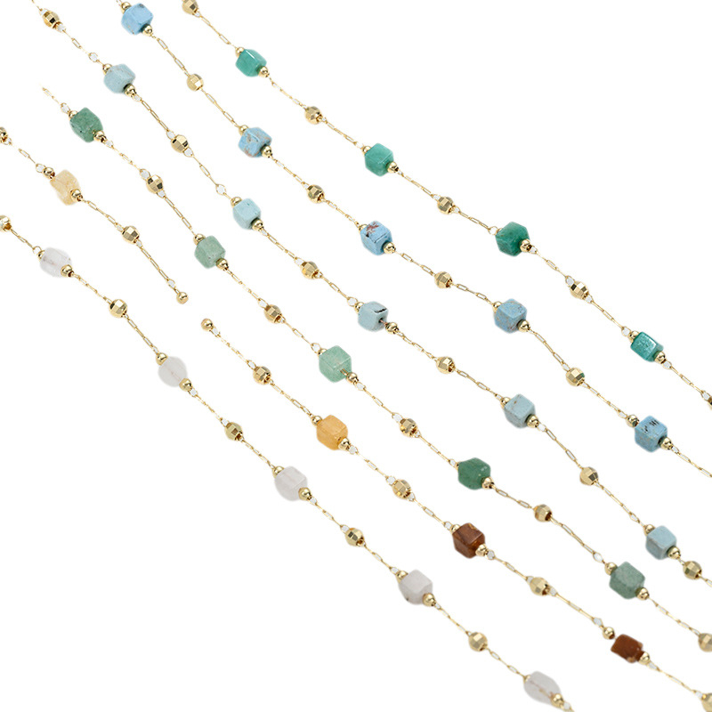Bambusz gyöngy lánc természetes kristályokkal: strawberry quartz, jade, turquoise; rézmag; DIY