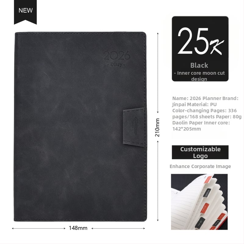 Блокнот Gold School – PU обложка, шиено подвързване, Dowling хартия, 80 г/м², 300–400 страници, 365-дневен планер