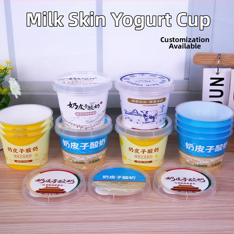 Cupe de iaurt din plastic PP, de unică folosință, cu serigrafie, capac acoperit, imprimare logo, Stiluri 1-4