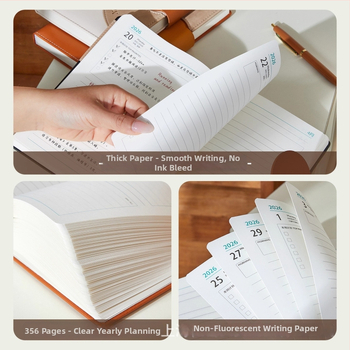 2026 график бележник - ръководство за управление на времето и дневник, подвързан с конец, PU корица, Dowling хартия, 80 г/м2, 300–400 страници