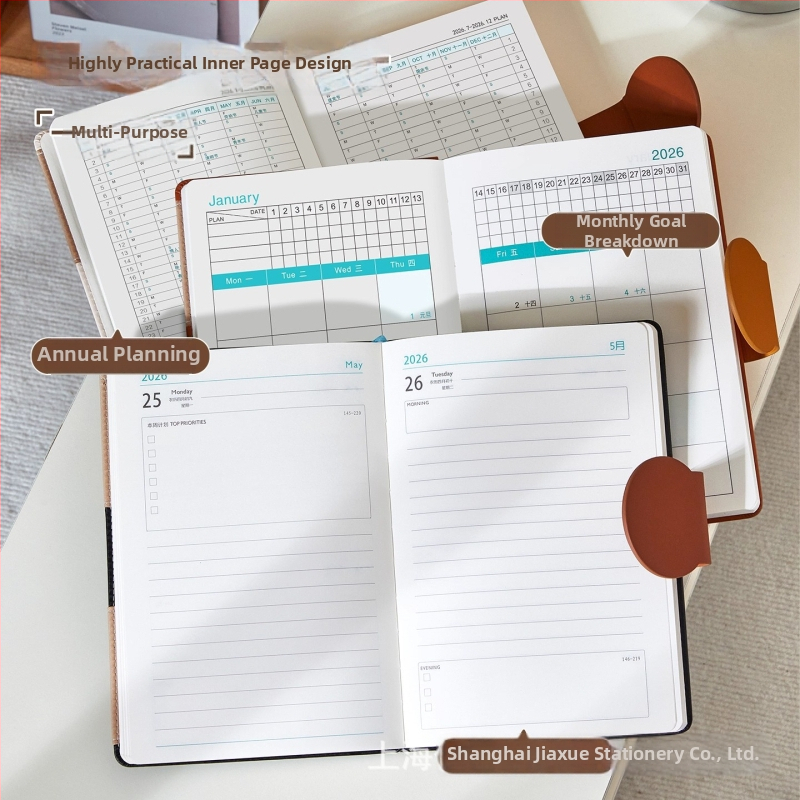 2026 график бележник - ръководство за управление на времето и дневник, подвързан с конец, PU корица, Dowling хартия, 80 г/м2, 300–400 страници