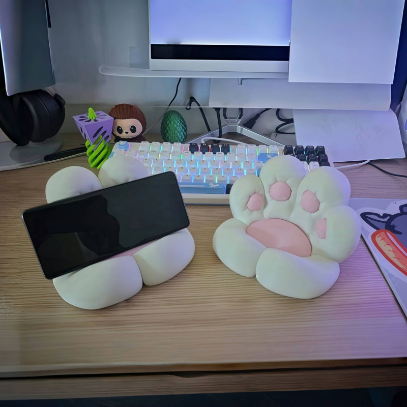 3D-nyomtatott telefon-tartó macska tappancs formával, asztali és éjjeliszekrényen használható, tartós műanyagból