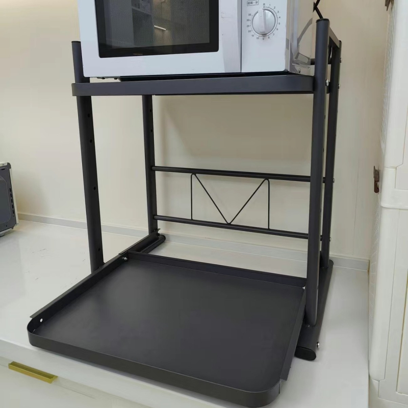 Kuchynský stojan na mikrovlnnú rúru s vysúvateľným teleskopickým stolom, z nehrdzavejúcej ocele, značky Hong le, model Storage rack, vyrobené podľa výkresov, štýl moderná jednoduchosť