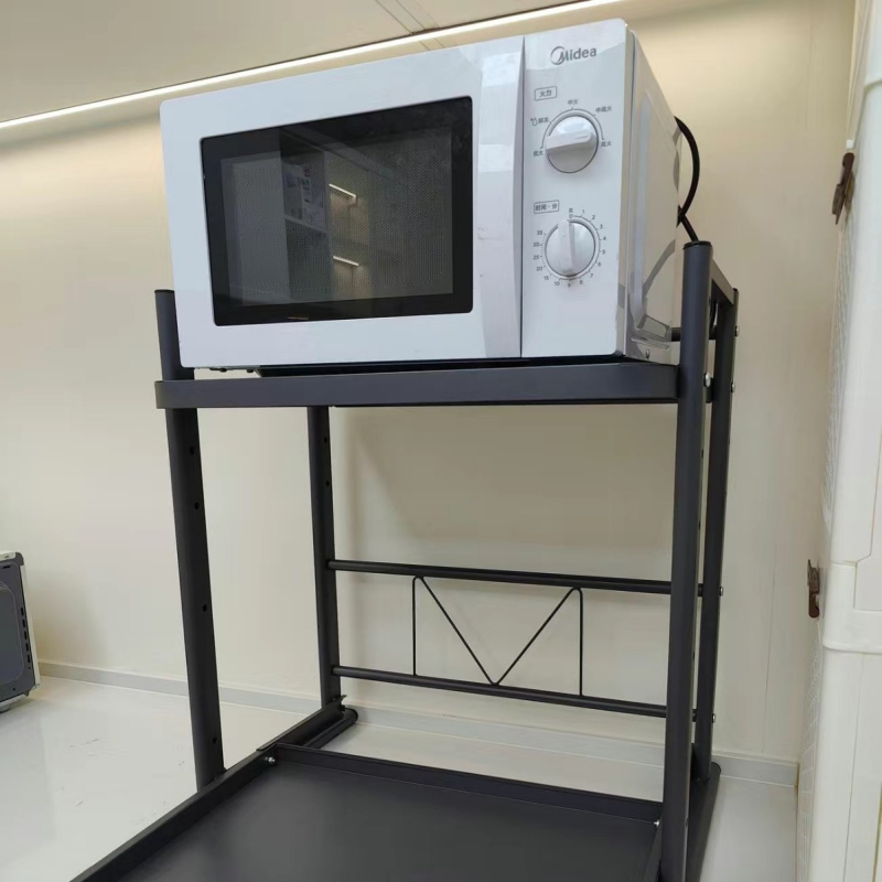 Kuchynský stojan na mikrovlnnú rúru s vysúvateľným teleskopickým stolom, z nehrdzavejúcej ocele, značky Hong le, model Storage rack, vyrobené podľa výkresov, štýl moderná jednoduchosť