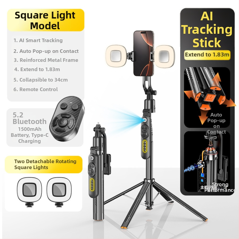 Selfie stick cu urmărire facială și gimbal inteligent – urmărire automată, anti-tremur, telecomandă Bluetooth, lumină de umplere