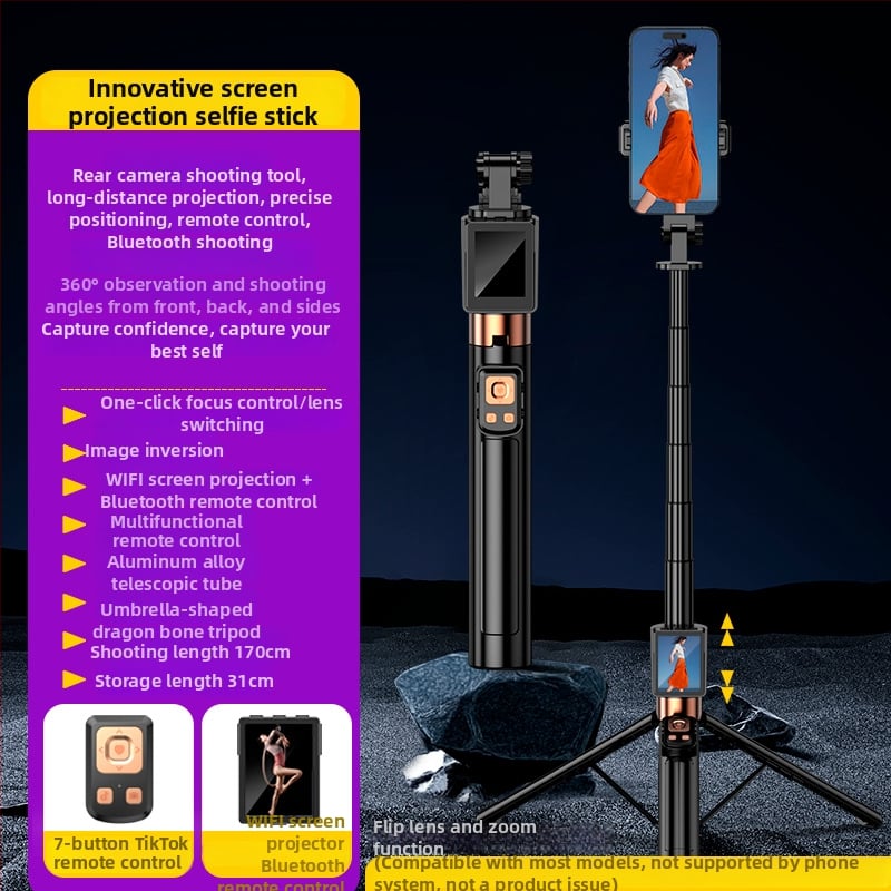 Селфи стика със проекция на екрана — цинкова сплав + пластмаса, дистанционно включено, Bluetooth, стабилизация в корпуса, персонализиране