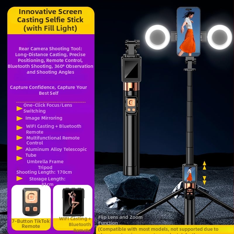 Селфи стика със проекция на екрана — цинкова сплав + пластмаса, дистанционно включено, Bluetooth, стабилизация в корпуса, персонализиране