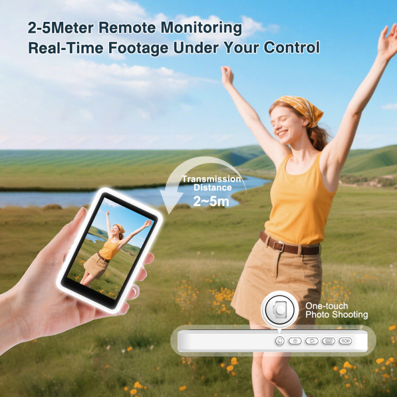 Ecran selfie cu suport magnetic exterior pentru telefon, ABS+Silicon, telecomandă Bluetooth, compatibil cu majoritatea telefoanelor