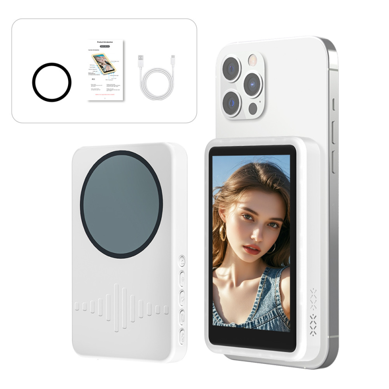 Ecran selfie cu suport magnetic exterior pentru telefon, ABS+Silicon, telecomandă Bluetooth, compatibil cu majoritatea telefoanelor