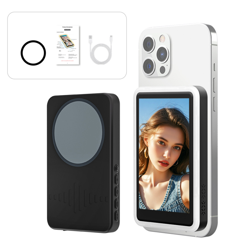 Ecran selfie cu suport magnetic exterior pentru telefon, ABS+Silicon, telecomandă Bluetooth, compatibil cu majoritatea telefoanelor