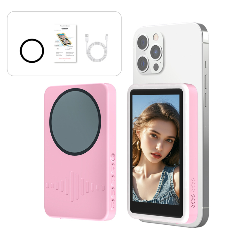 Ecran selfie cu suport magnetic exterior pentru telefon, ABS+Silicon, telecomandă Bluetooth, compatibil cu majoritatea telefoanelor