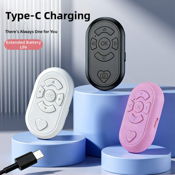 Bluetooth selfie diaľkové ovládanie s viacerými funkciami na nahrávanie videa a preklápanie strán — BLE 6.1, ABS telo, rozmery 65×37×15 mm, hmotnosť 19 g, model DYYKQ