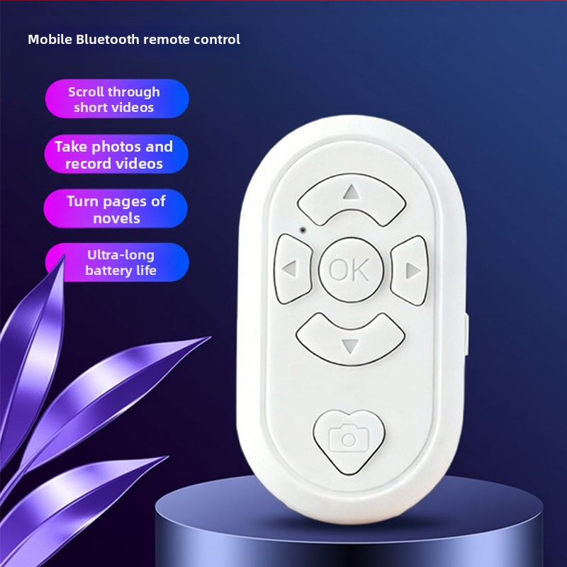 Bluetooth selfie diaľkové ovládanie s viacerými funkciami na nahrávanie videa a preklápanie strán — BLE 6.1, ABS telo, rozmery 65×37×15 mm, hmotnosť 19 g, model DYYKQ