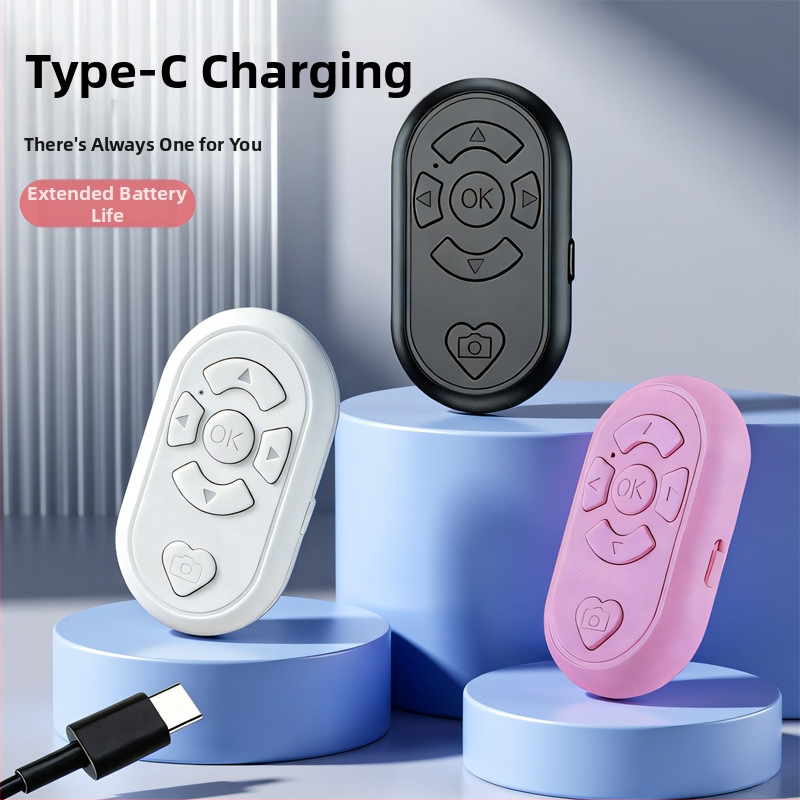 Bluetooth selfie diaľkové ovládanie s viacerými funkciami na nahrávanie videa a preklápanie strán — BLE 6.1, ABS telo, rozmery 65×37×15 mm, hmotnosť 19 g, model DYYKQ