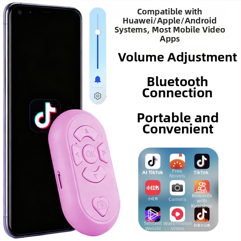 Bluetooth selfie diaľkové ovládanie s viacerými funkciami na nahrávanie videa a preklápanie strán — BLE 6.1, ABS telo, rozmery 65×37×15 mm, hmotnosť 19 g, model DYYKQ