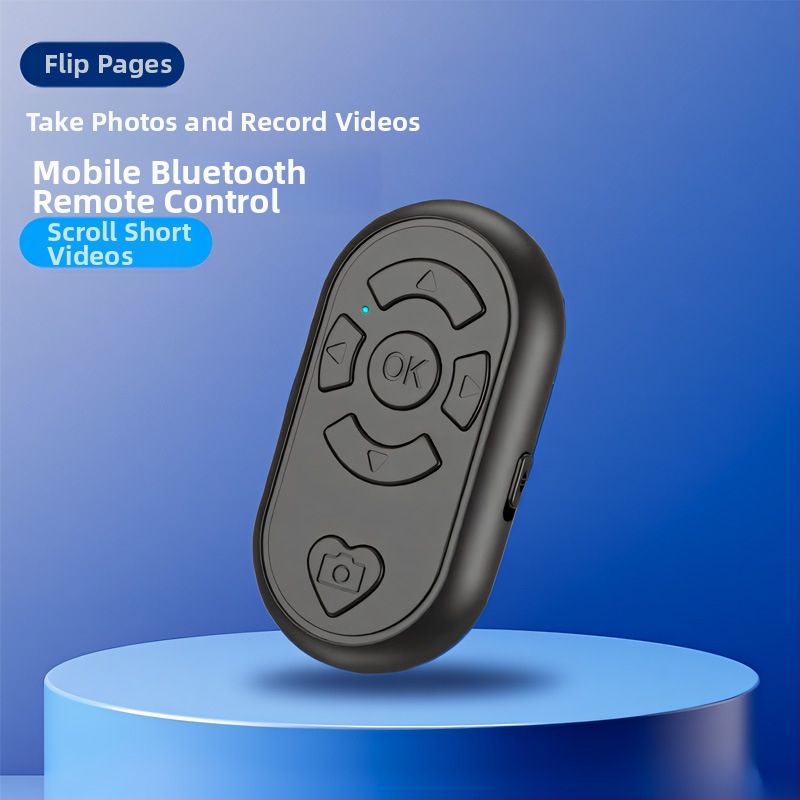 Bluetooth selfie diaľkové ovládanie s viacerými funkciami na nahrávanie videa a preklápanie strán — BLE 6.1, ABS telo, rozmery 65×37×15 mm, hmotnosť 19 g, model DYYKQ