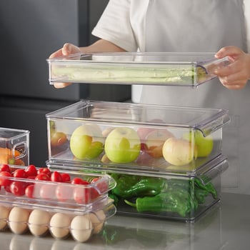 Контейнер за хладилник с дръжка, хранителен PET материал, голям капацитет, за яйца, плодове и зеленчуци, с дренаж