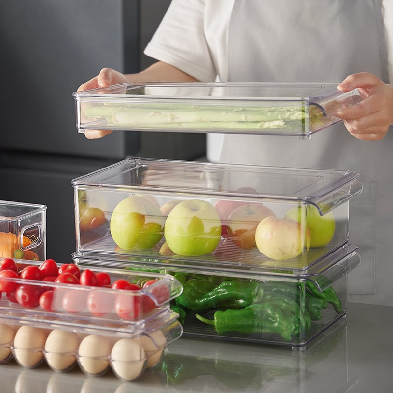 Контейнер за хладилник с дръжка, хранителен PET материал, голям капацитет, за яйца, плодове и зеленчуци, с дренаж