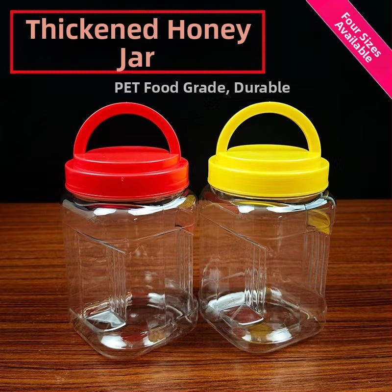 Съхранителен буркан, квадратен, тежък корпус, PET пластмаса, запечатан капак, капацитет 0.5-2 кг