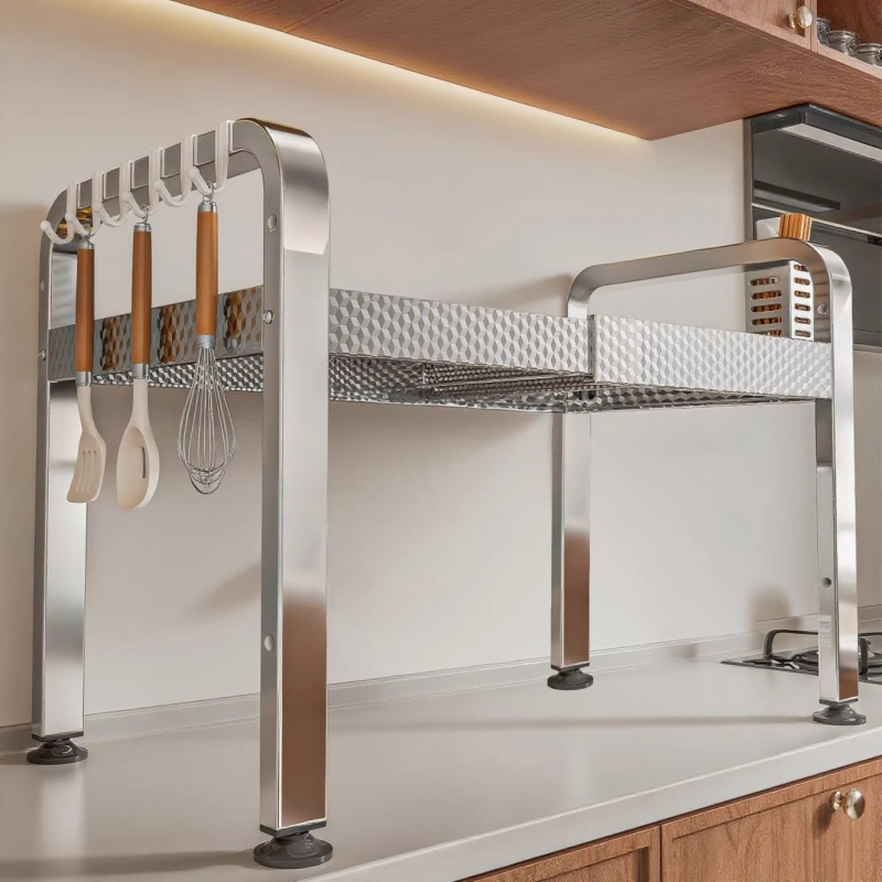 Nerezová oceľová polica na mikrovlnnú rúru, viacúrovňový stojan na pracovnú dosku, moderný minimalistický štýl, model AQ-1841Y, číslo produktu AQ-1841X