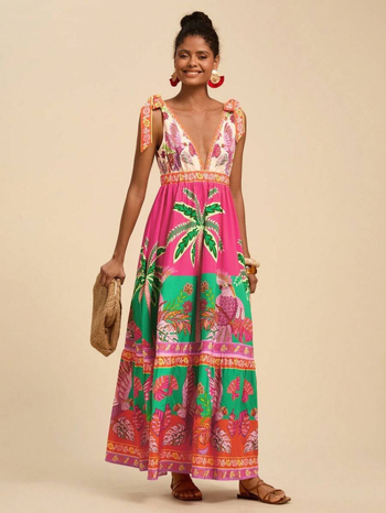 Rochie lungă cu imprimeu floral, decolteu în V adânc, croială A-line, poliester