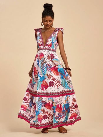 Rochie lungă cu imprimeu floral, decolteu în V adânc, croială A-line, poliester