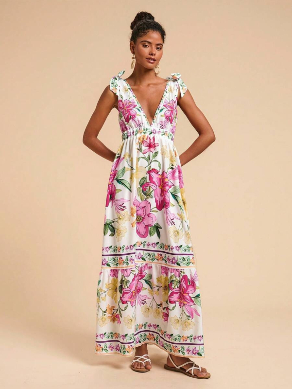 Rochie lungă cu imprimeu floral, decolteu în V adânc, croială A-line, poliester