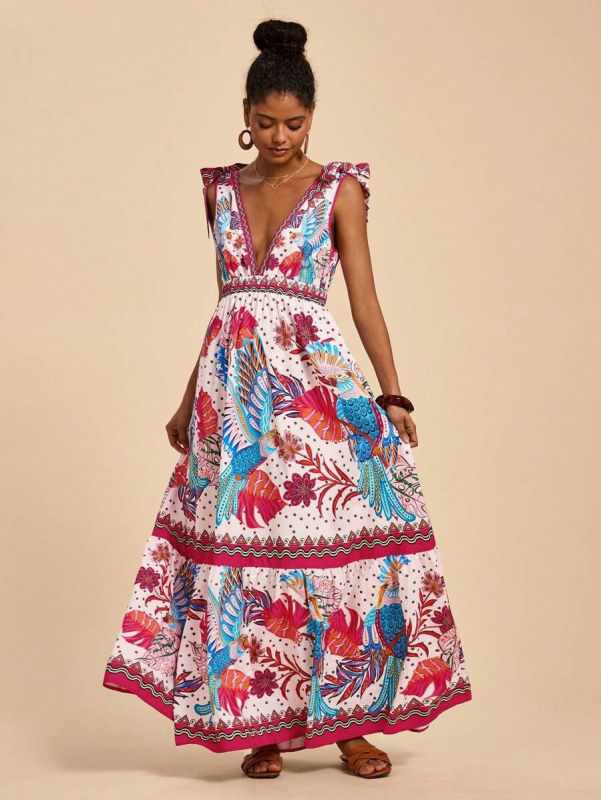 Rochie lungă cu imprimeu floral, decolteu în V adânc, croială A-line, poliester