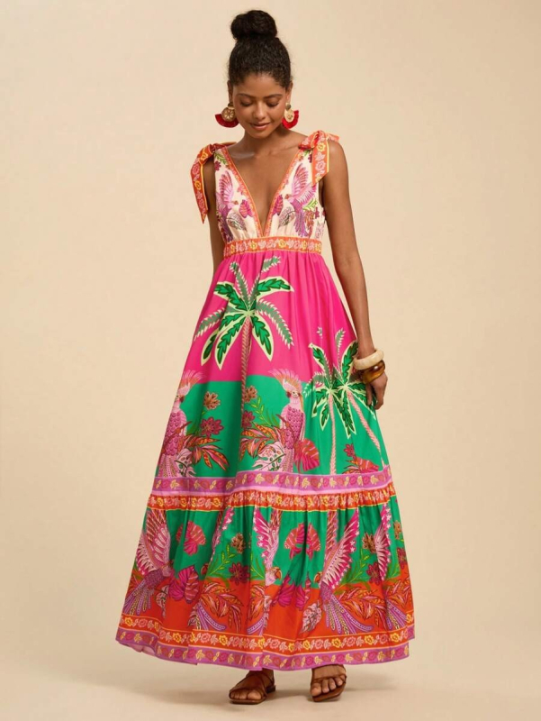 Rochie lungă cu imprimeu floral, decolteu în V adânc, croială A-line, poliester