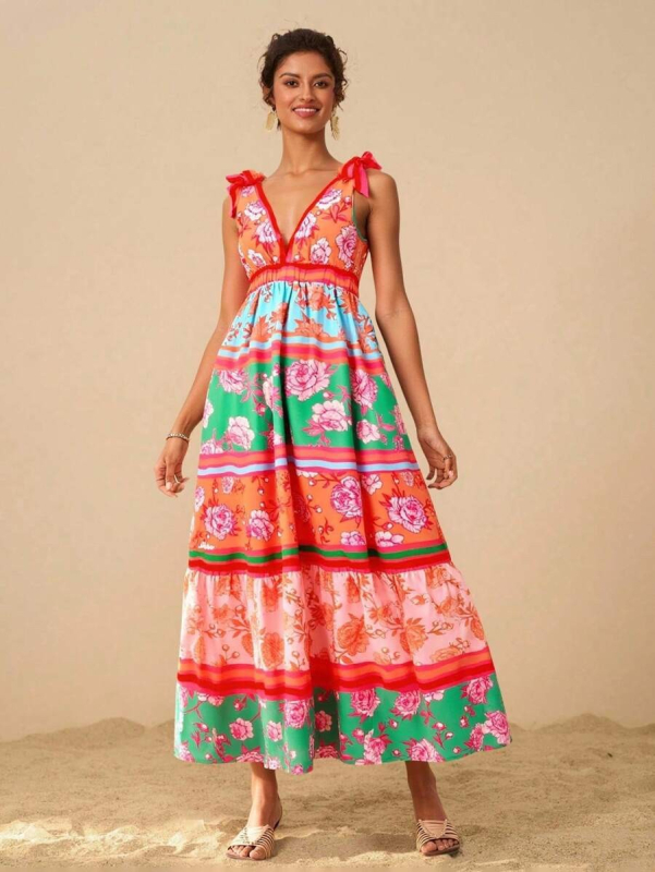 Rochie lungă cu imprimeu floral, decolteu în V adânc, croială A-line, poliester