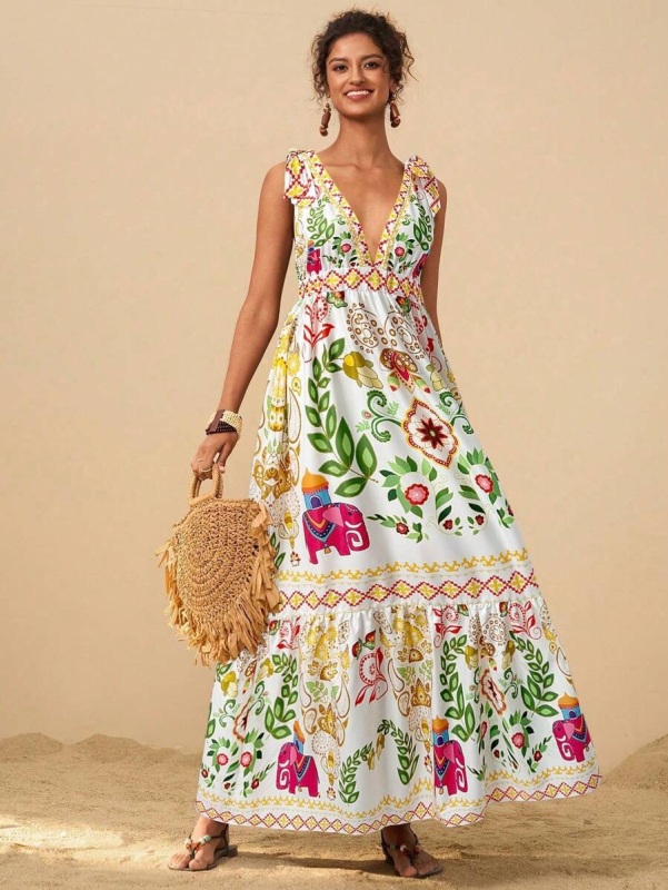 Rochie lungă cu imprimeu floral, decolteu în V adânc, croială A-line, poliester