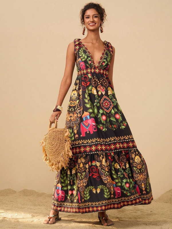 Rochie lungă cu imprimeu floral, decolteu în V adânc, croială A-line, poliester