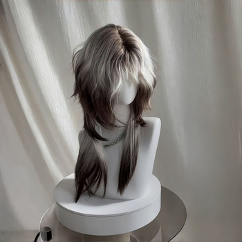 Perucă – stil mullet, coadă de lup, acoperire completă, păr lung drept cu breton, fibre rezistente la căldură