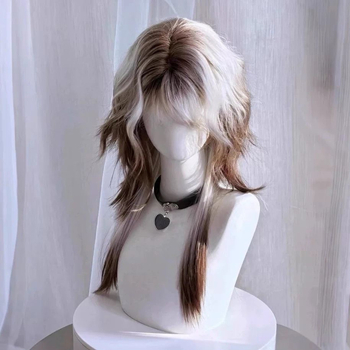 Perucă – stil mullet, coadă de lup, acoperire completă, păr lung drept cu breton, fibre rezistente la căldură