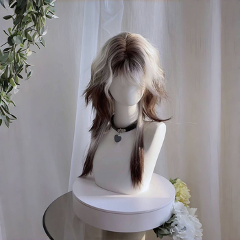 Perucă – stil mullet, coadă de lup, acoperire completă, păr lung drept cu breton, fibre rezistente la căldură