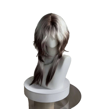 Perucă – stil mullet, coadă de lup, acoperire completă, păr lung drept cu breton, fibre rezistente la căldură