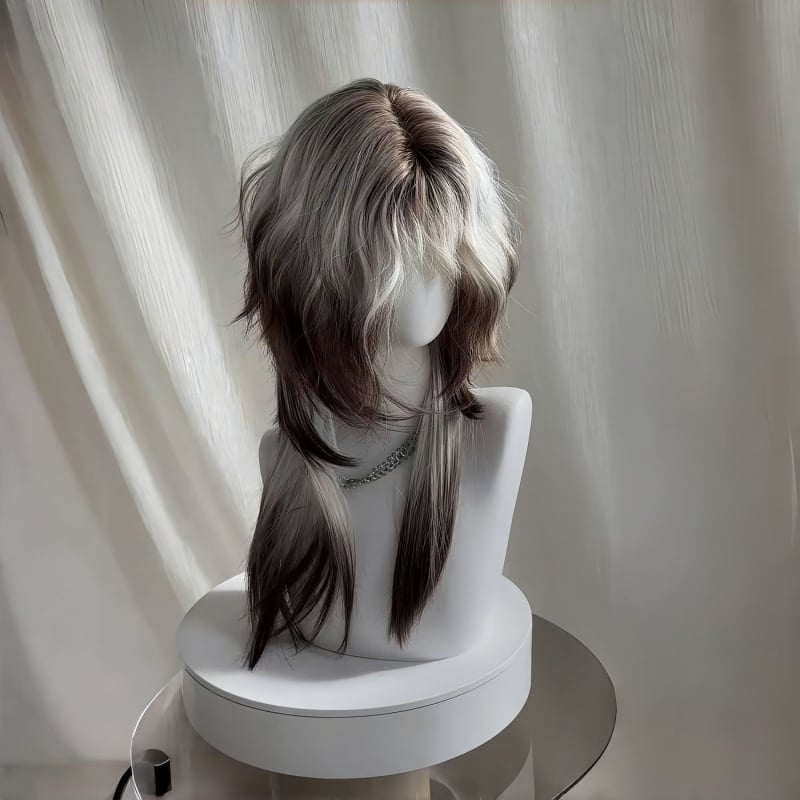 Perucă – stil mullet, coadă de lup, acoperire completă, păr lung drept cu breton, fibre rezistente la căldură