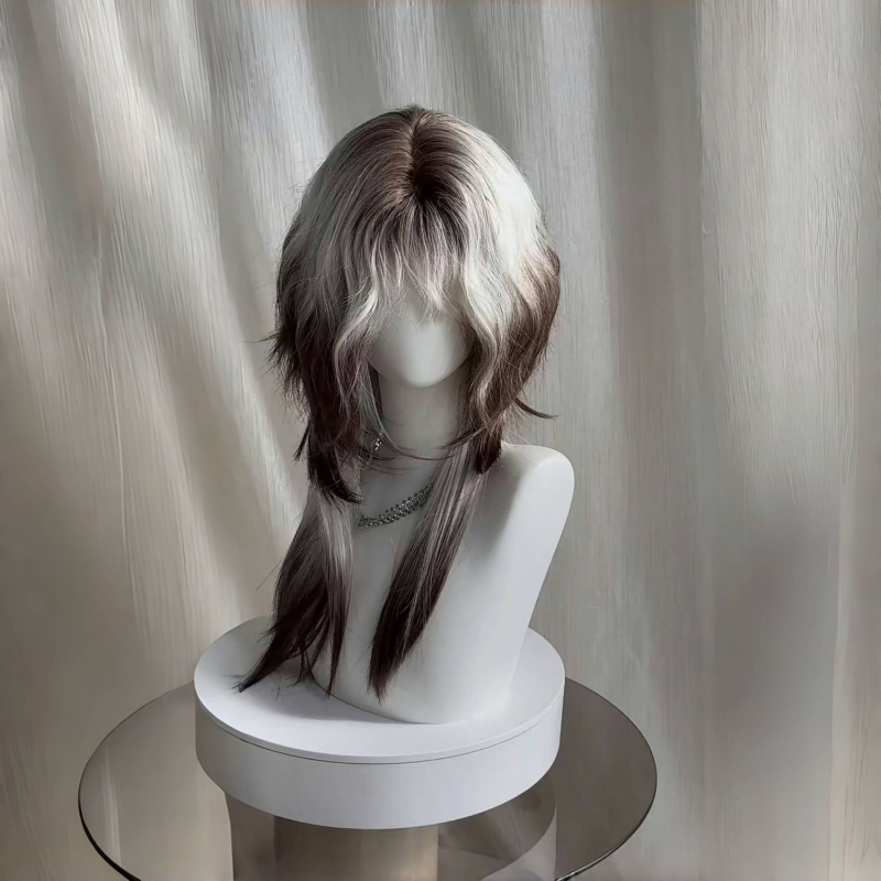 Perucă – stil mullet, coadă de lup, acoperire completă, păr lung drept cu breton, fibre rezistente la căldură