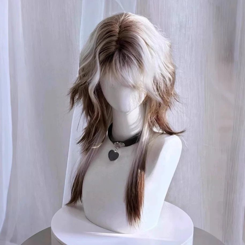 Perucă – stil mullet, coadă de lup, acoperire completă, păr lung drept cu breton, fibre rezistente la căldură