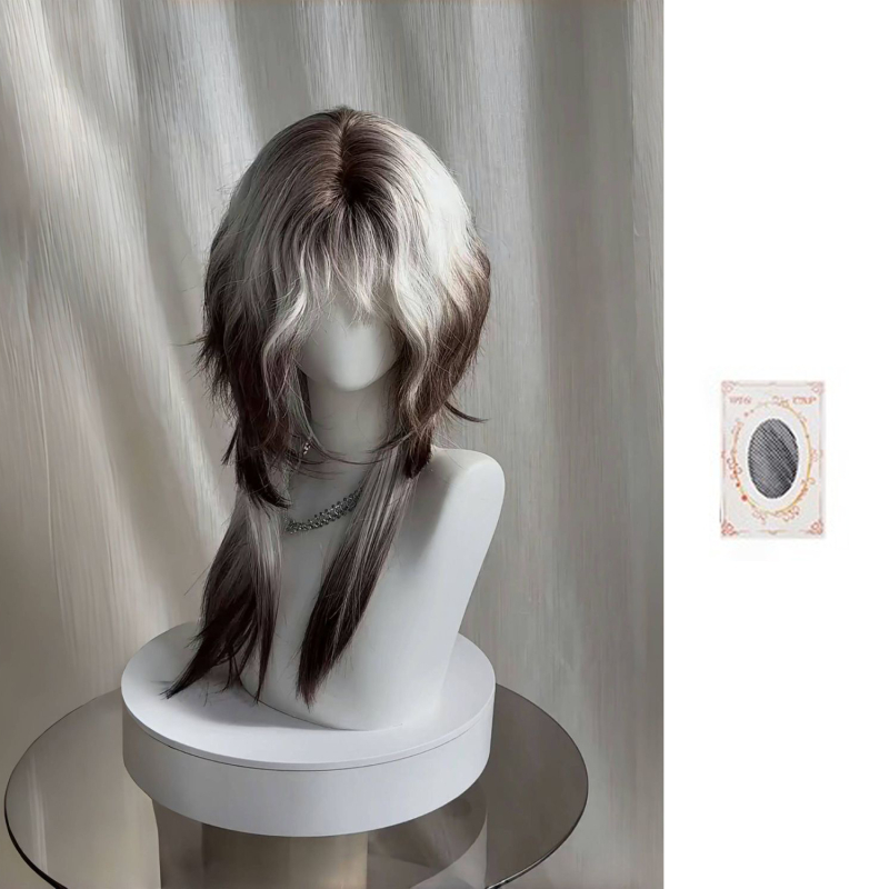 Perucă – stil mullet, coadă de lup, acoperire completă, păr lung drept cu breton, fibre rezistente la căldură