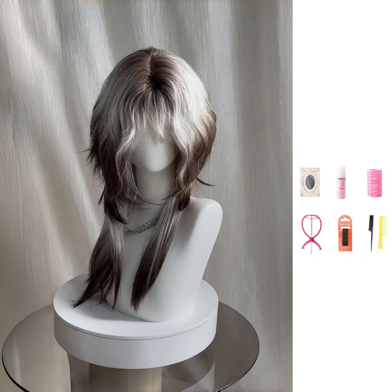 Perucă – stil mullet, coadă de lup, acoperire completă, păr lung drept cu breton, fibre rezistente la căldură