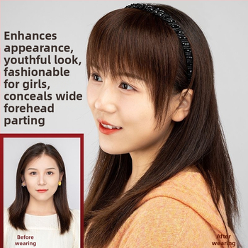 Perucă din păr uman cu bandă pentru cap și breton drept — într-un design de un singur produs, breton drept, fire laterale, acoperire invizibilă; nu poate fi vopsită sau îndreptată