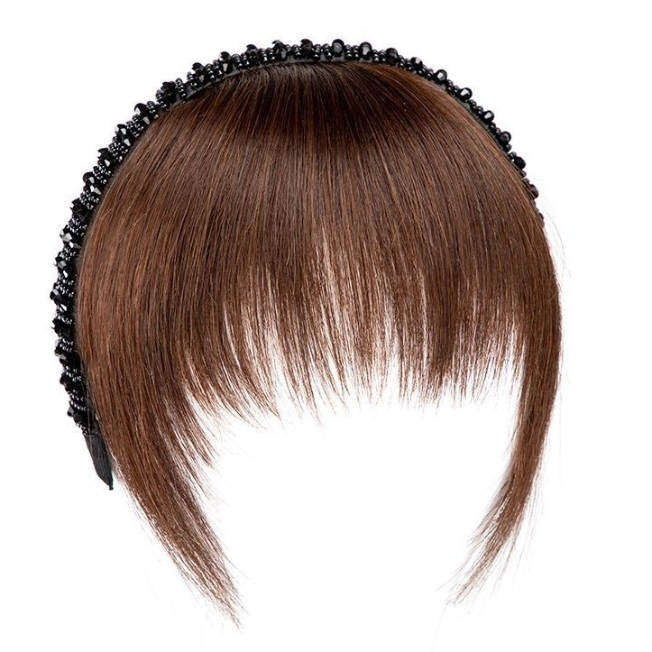 Perucă din păr uman cu bandă pentru cap și breton drept — într-un design de un singur produs, breton drept, fire laterale, acoperire invizibilă; nu poate fi vopsită sau îndreptată