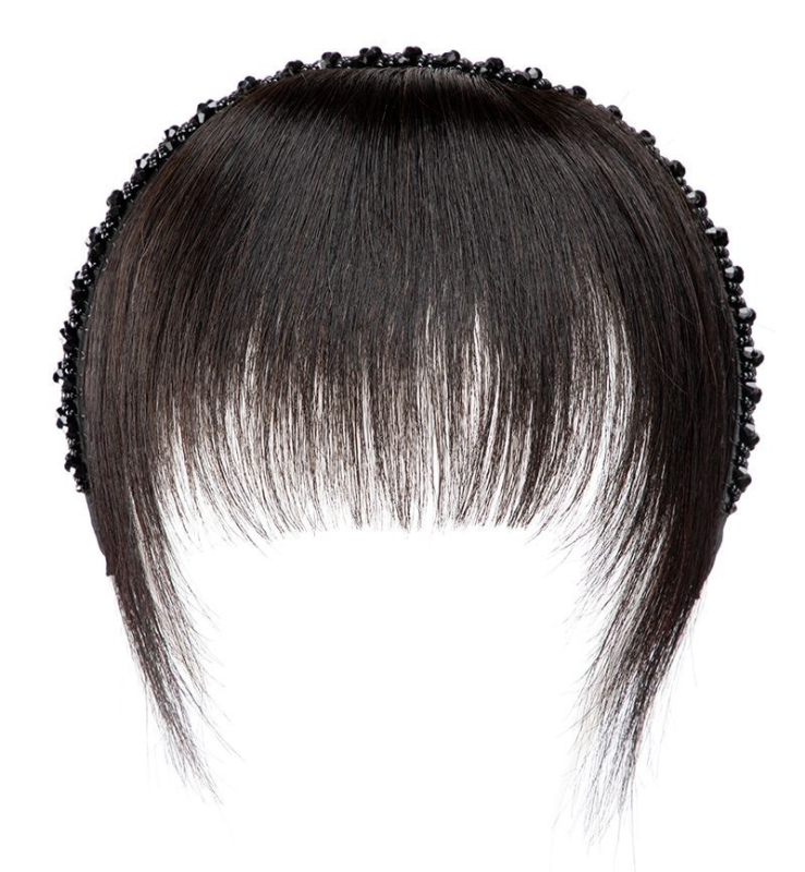 Perucă din păr uman cu bandă pentru cap și breton drept — într-un design de un singur produs, breton drept, fire laterale, acoperire invizibilă; nu poate fi vopsită sau îndreptată