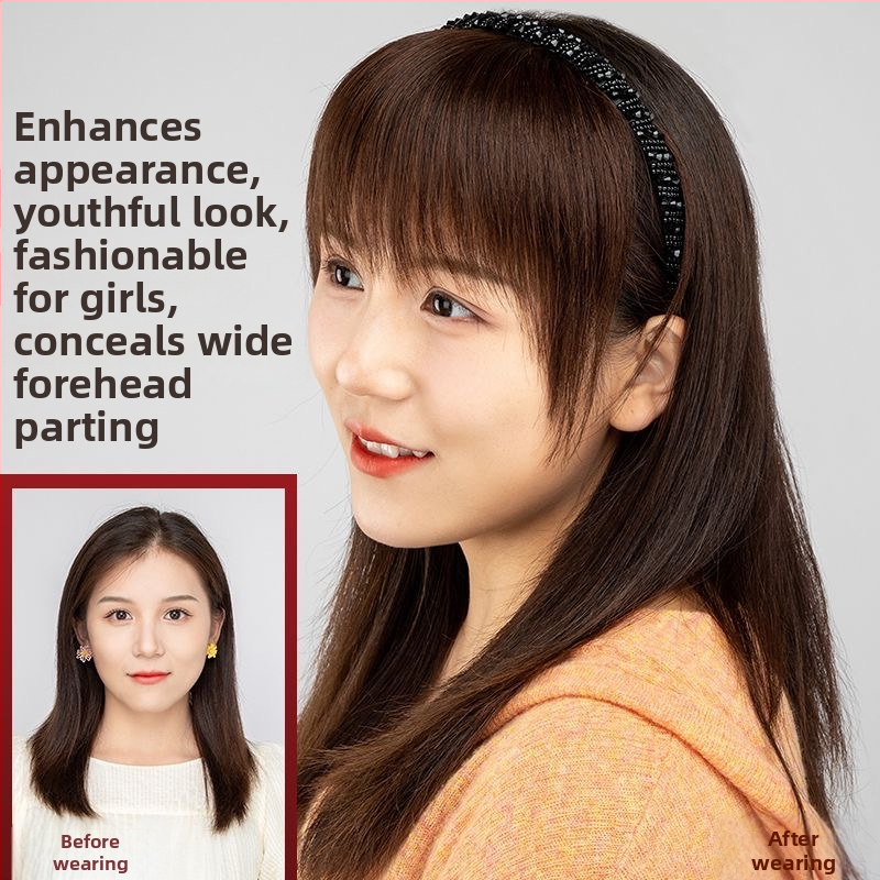 Perucă din păr uman cu bandă pentru cap și breton drept — într-un design de un singur produs, breton drept, fire laterale, acoperire invizibilă; nu poate fi vopsită sau îndreptată